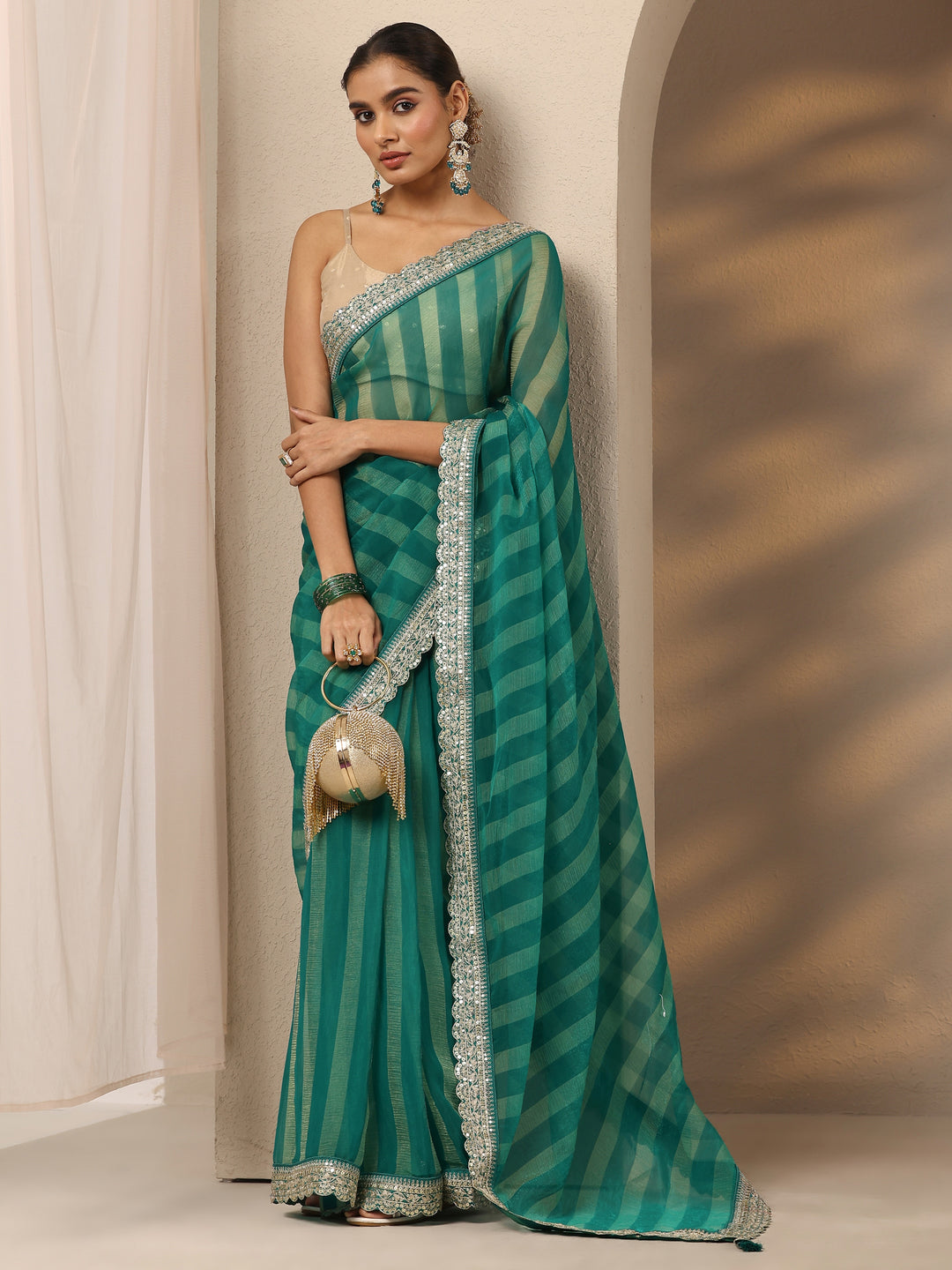 Green Striped Embellished Silk Blend Saree With Unstitched Blouse Piece
