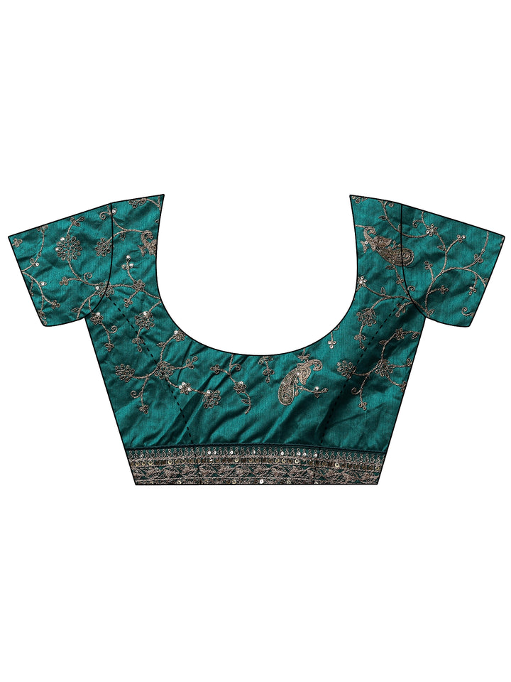 Green Striped Embellished Silk Blend Saree With Unstitched Blouse Piece