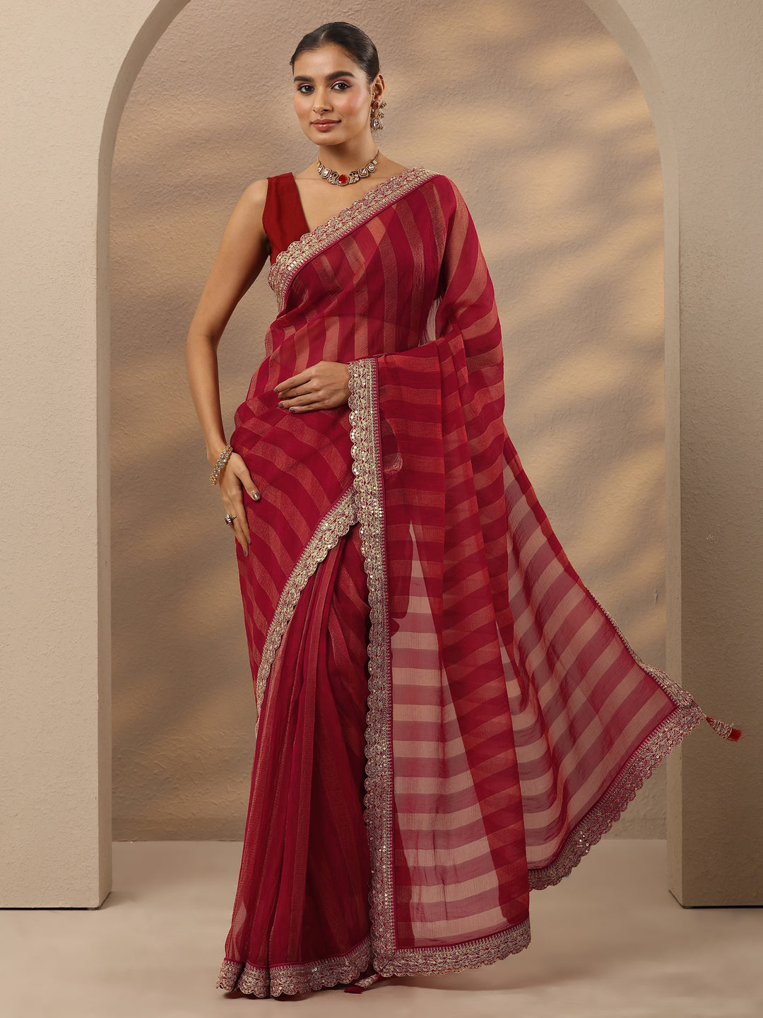 Pink Striped Embellished Silk Blend Saree With Unstitched Blouse Piece