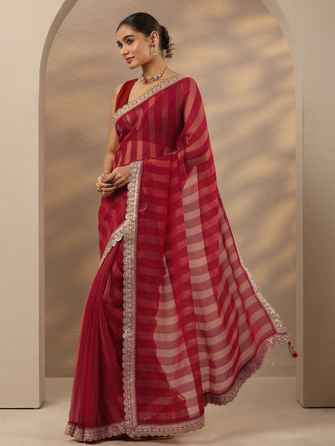 Pink Striped Embellished Silk Blend Saree With Unstitched Blouse Piece