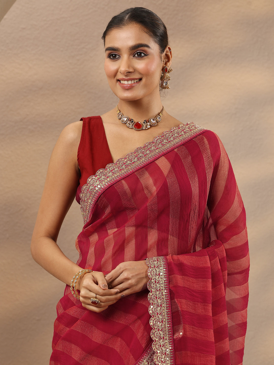 Pink Striped Embellished Silk Blend Saree With Unstitched Blouse Piece