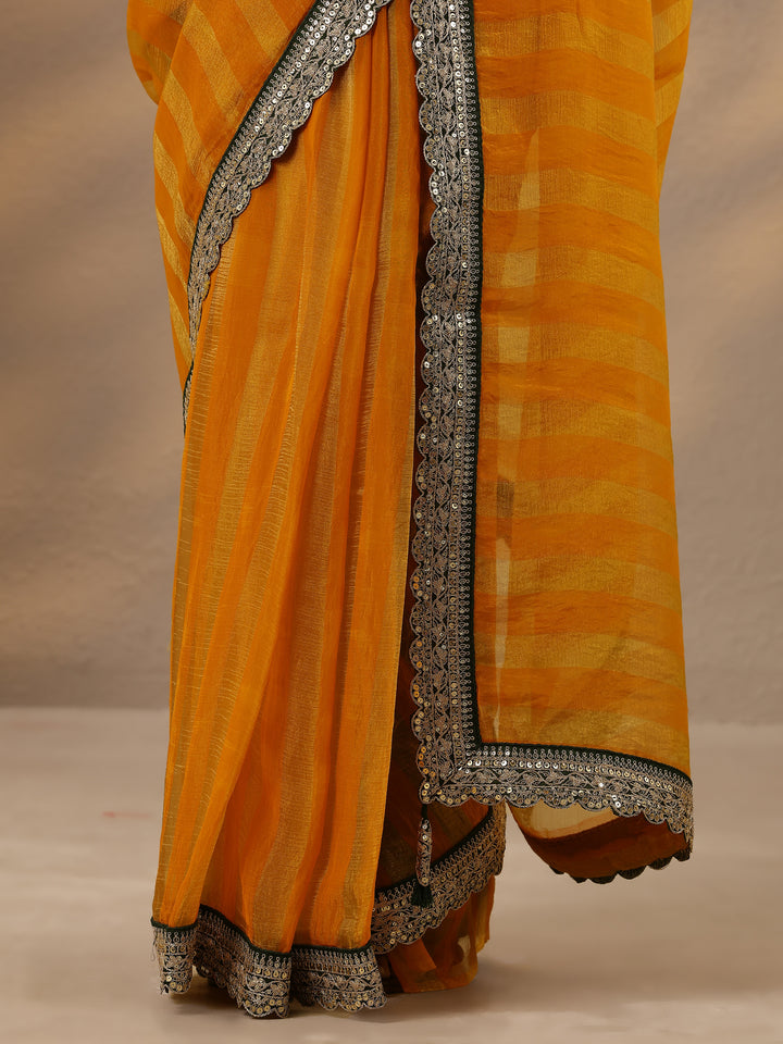 Yellow Striped Embellished Silk Blend Saree With Unstitched Blouse Piece