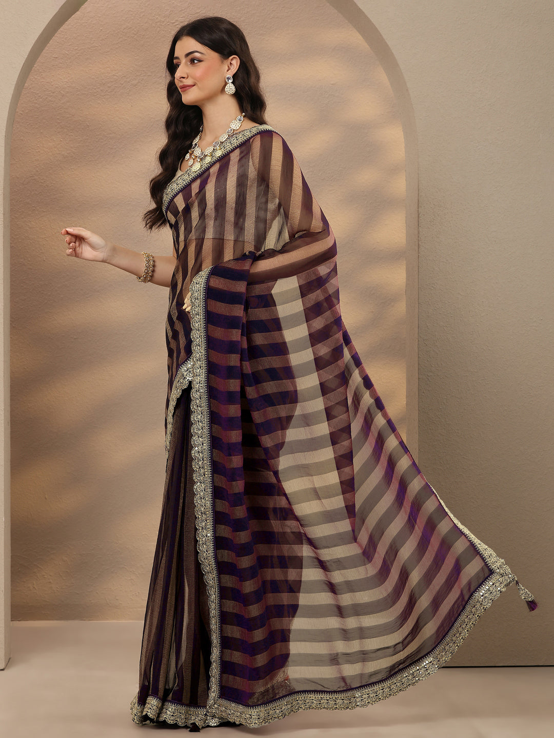 Purple Striped Embellished Silk Blend Saree With Unstitched Blouse Piece