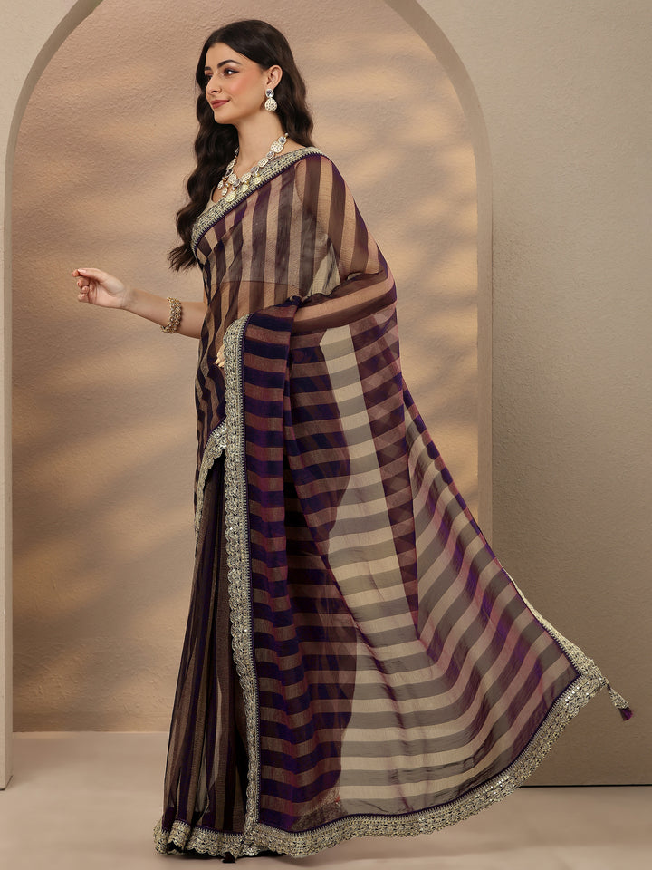 Purple Striped Embellished Silk Blend Saree With Unstitched Blouse Piece