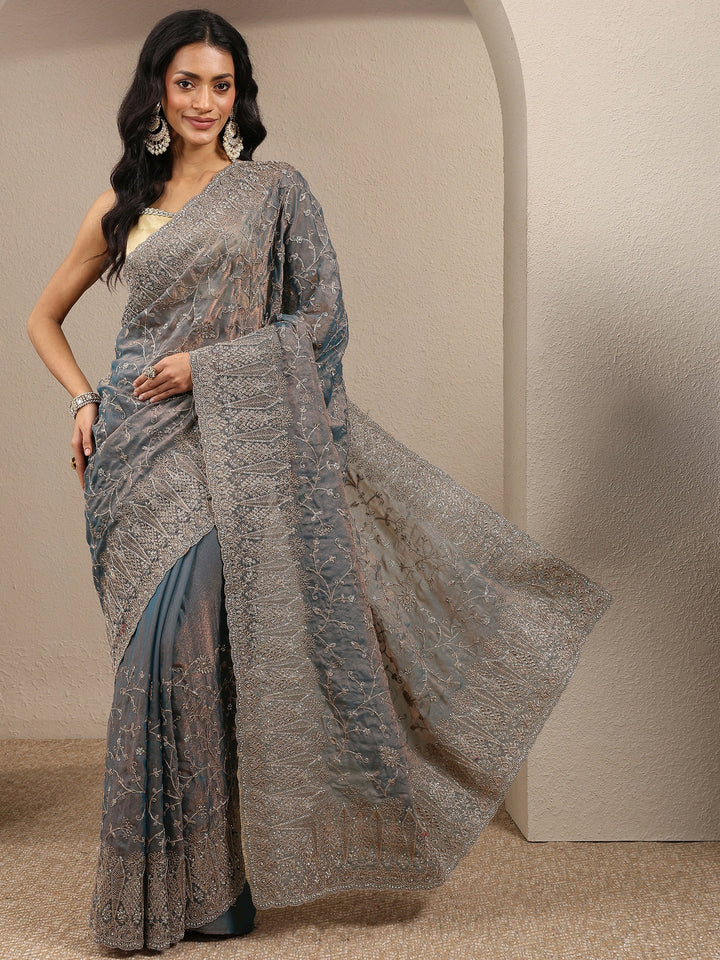 Blue Embroidered Silk Blend Saree With Unstitched Blouse Piece