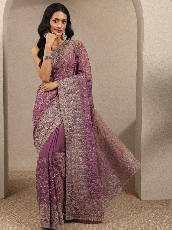 Purple Embroidered Silk Blend Saree With Unstitched Blouse Piece