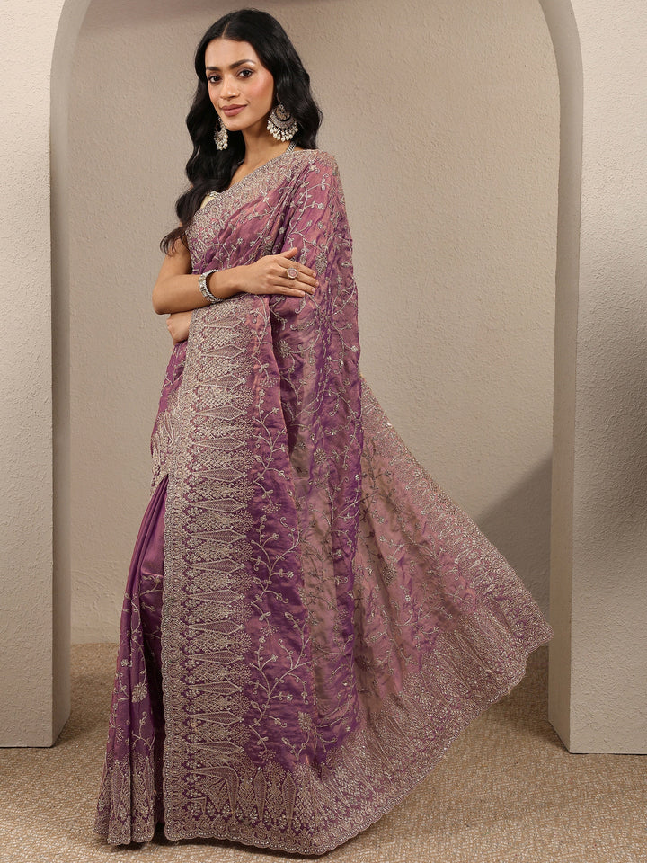 Purple Embroidered Silk Blend Saree With Unstitched Blouse Piece