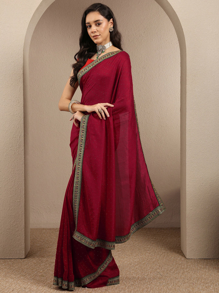 Red Embellished Silk Blend Saree With Unstitched Blouse Piece