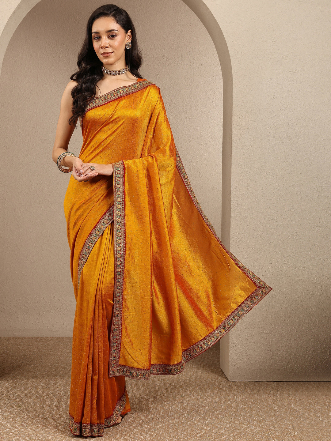 Mustard Embellished Silk Blend Saree With Unstitched Blouse Piece