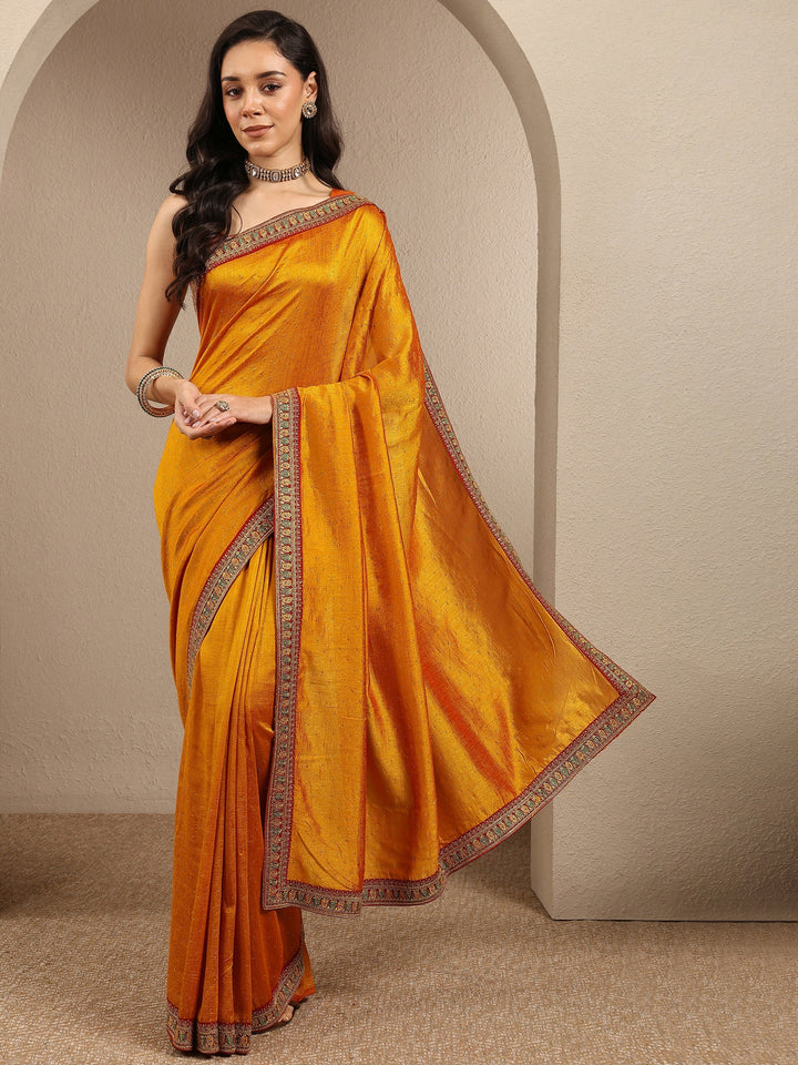Mustard Embellished Silk Blend Saree With Unstitched Blouse Piece