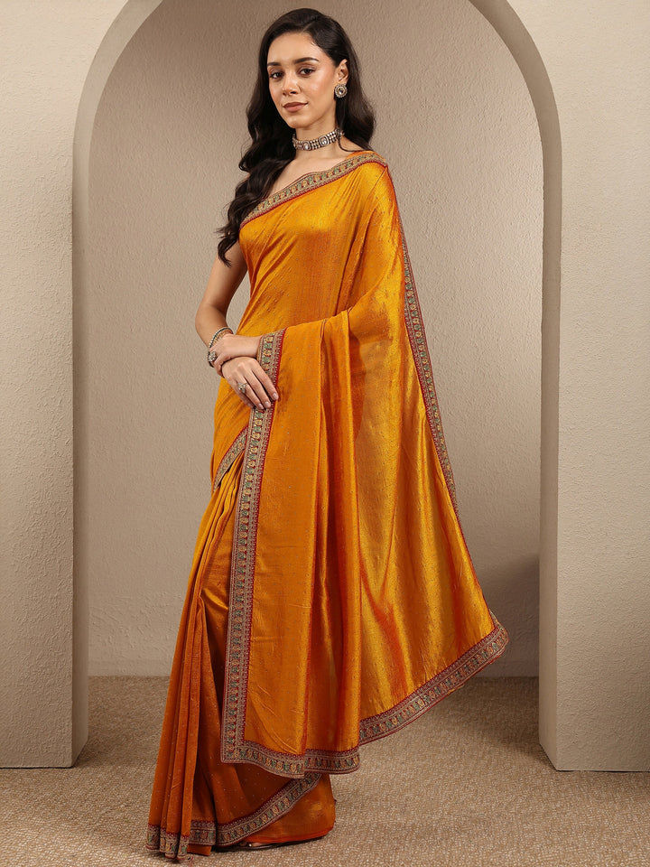 Mustard Embellished Silk Blend Saree With Unstitched Blouse Piece