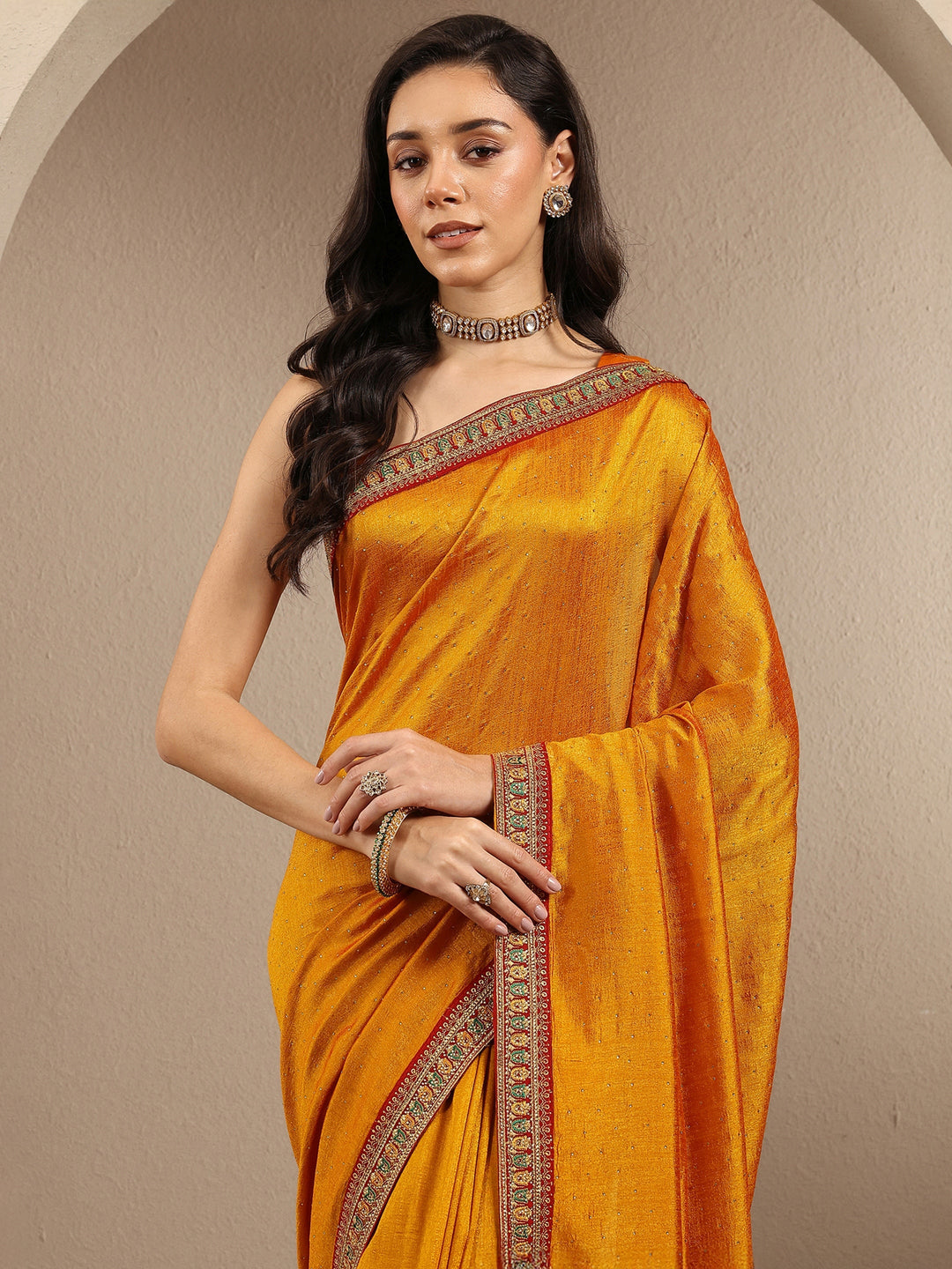 Mustard Embellished Silk Blend Saree With Unstitched Blouse Piece