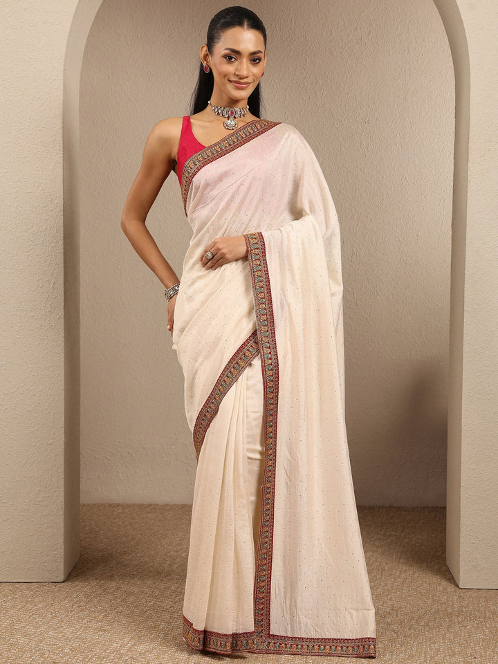 Off White Embellished Silk Blend Saree With Unstitched Blouse Piece