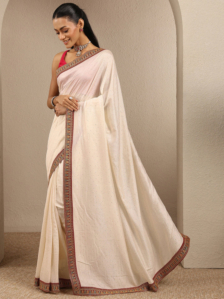 Off White Embellished Silk Blend Saree With Unstitched Blouse Piece
