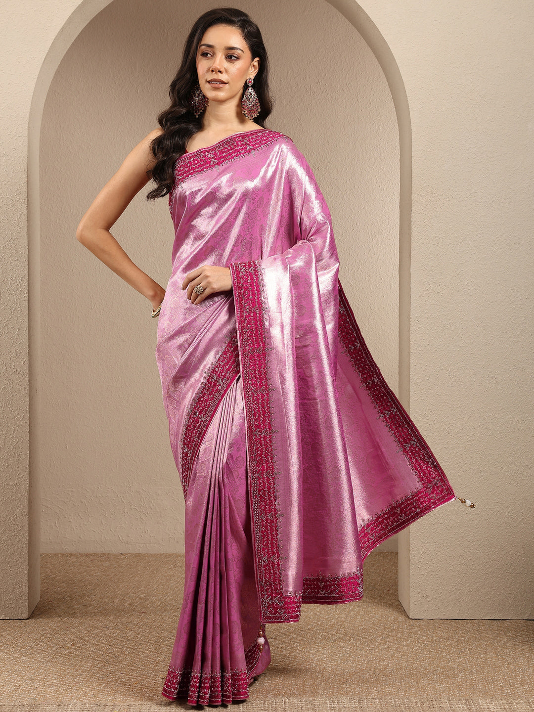 Pink Woven Design Silk Blend Saree With Unstitched Blouse Piece