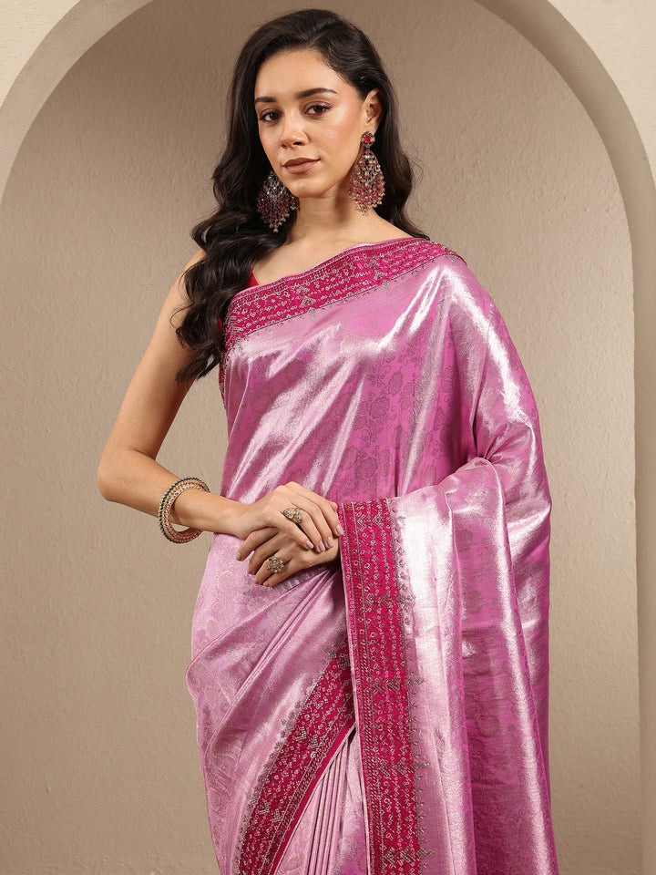 Pink Woven Design Silk Blend Saree With Unstitched Blouse Piece