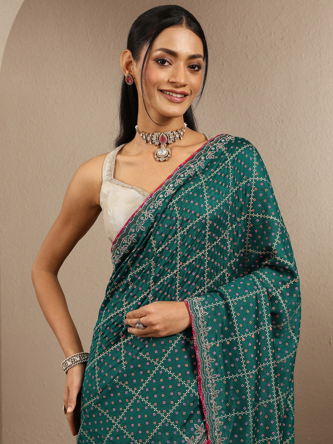 Blue Bandhani Printed Silk Blend Saree With Unstitched Blouse Piece