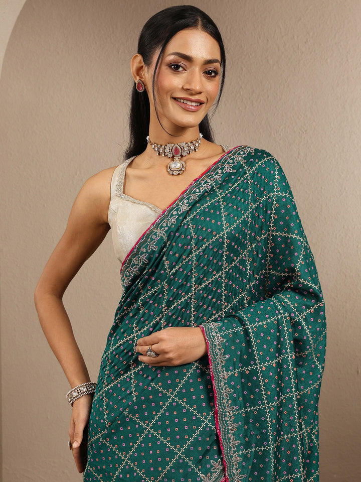 Blue Bandhani Printed Silk Blend Saree With Unstitched Blouse Piece