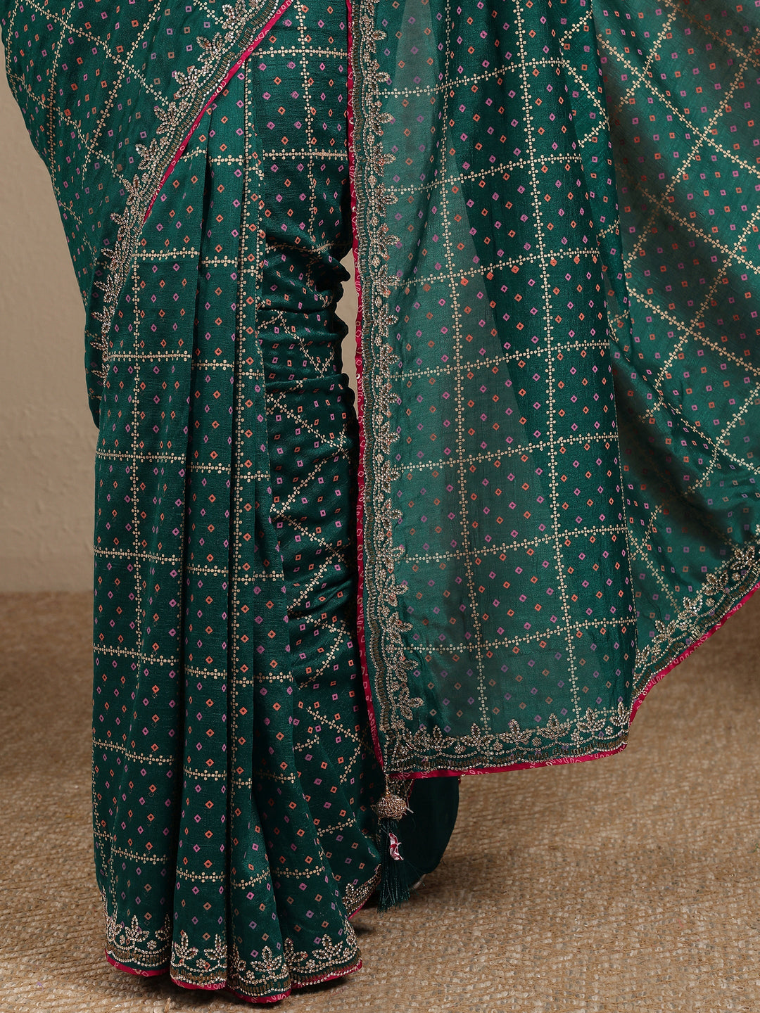 Blue Bandhani Printed Silk Blend Saree With Unstitched Blouse Piece