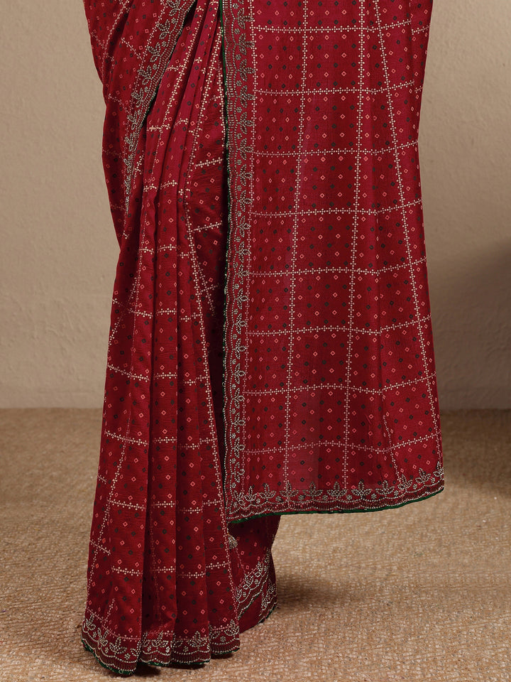 Red Bandhani Printed Silk Blend Saree With Unstitched Blouse Piece