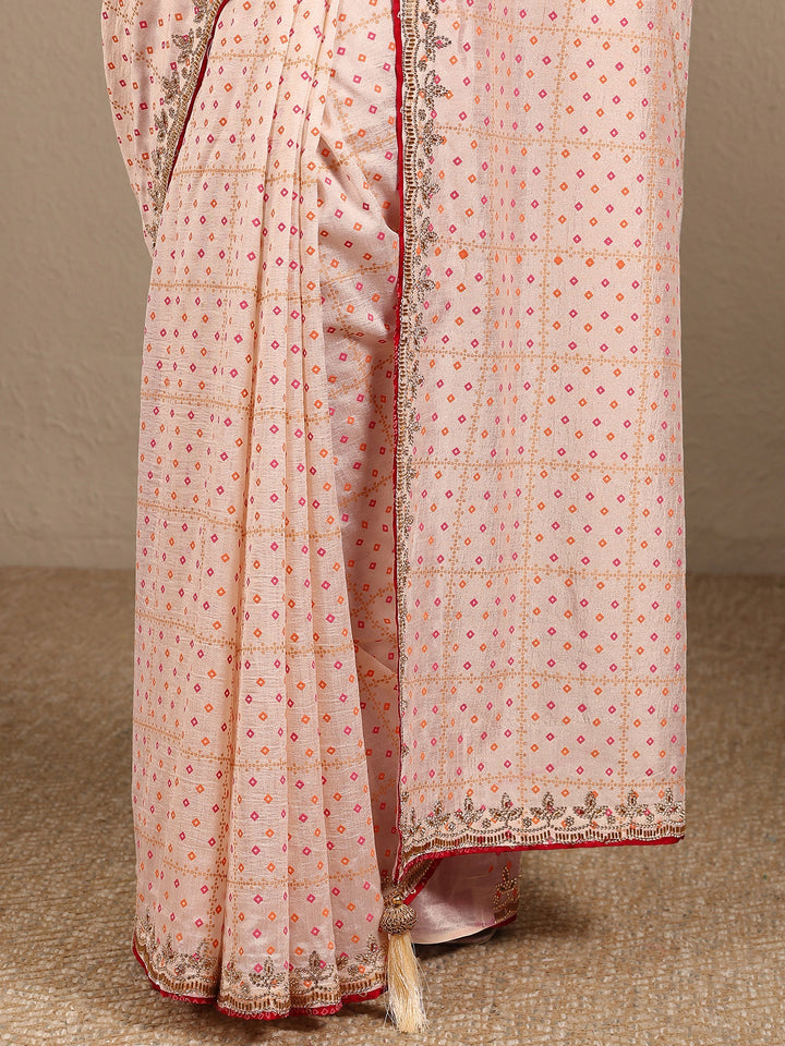 Cream Bandhani Printed Silk Blend Saree With Unstitched Blouse Piece