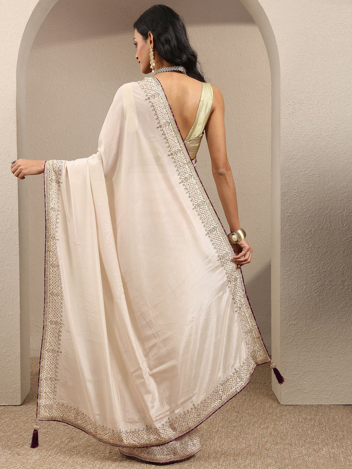Cream Solid Silk Blend Saree With Unstitched Blouse Piece