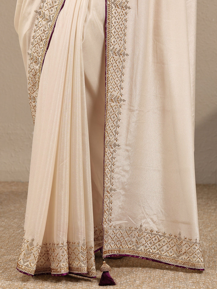Cream Solid Silk Blend Saree With Unstitched Blouse Piece