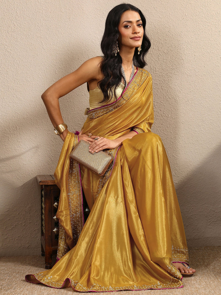 Mustard Solid Silk Blend Saree With Unstitched Blouse Piece