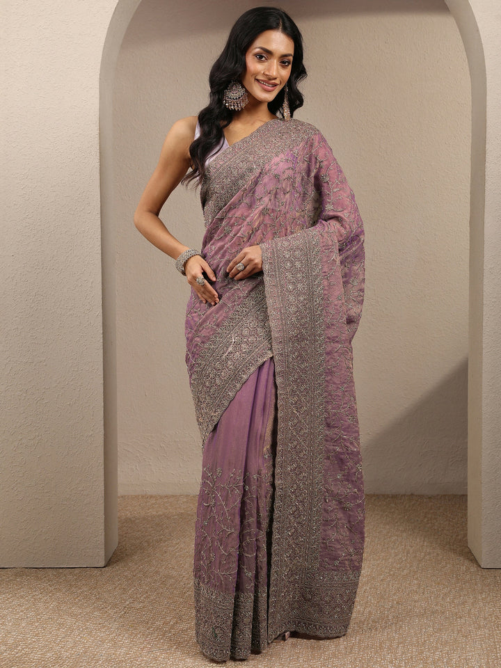 Lavender Embroidered Organza Saree With Unstitched Blouse Piece
