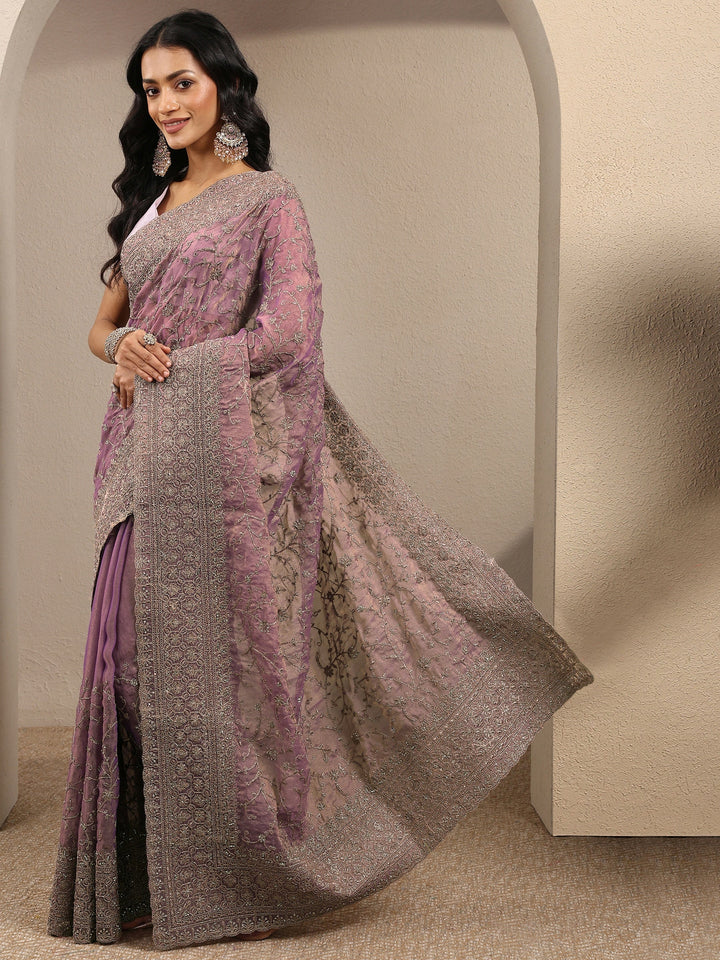 Lavender Embroidered Organza Saree With Unstitched Blouse Piece