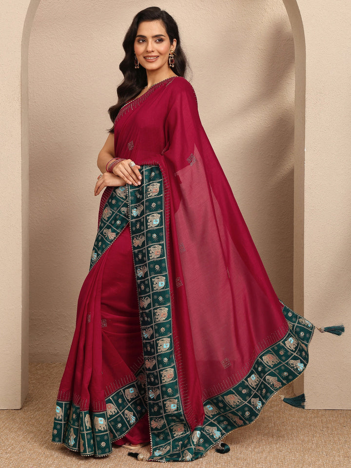 Red Embellished Silk Blend Saree With Unstitched Blouse Piece