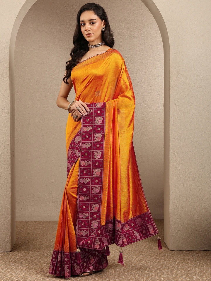 Mustard Embellished Silk Blend Saree With Unstitched Blouse Piece