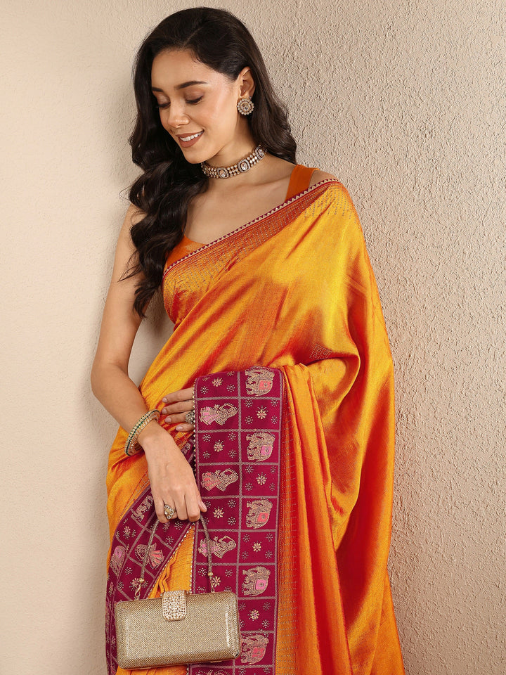Mustard Embellished Silk Blend Saree With Unstitched Blouse Piece