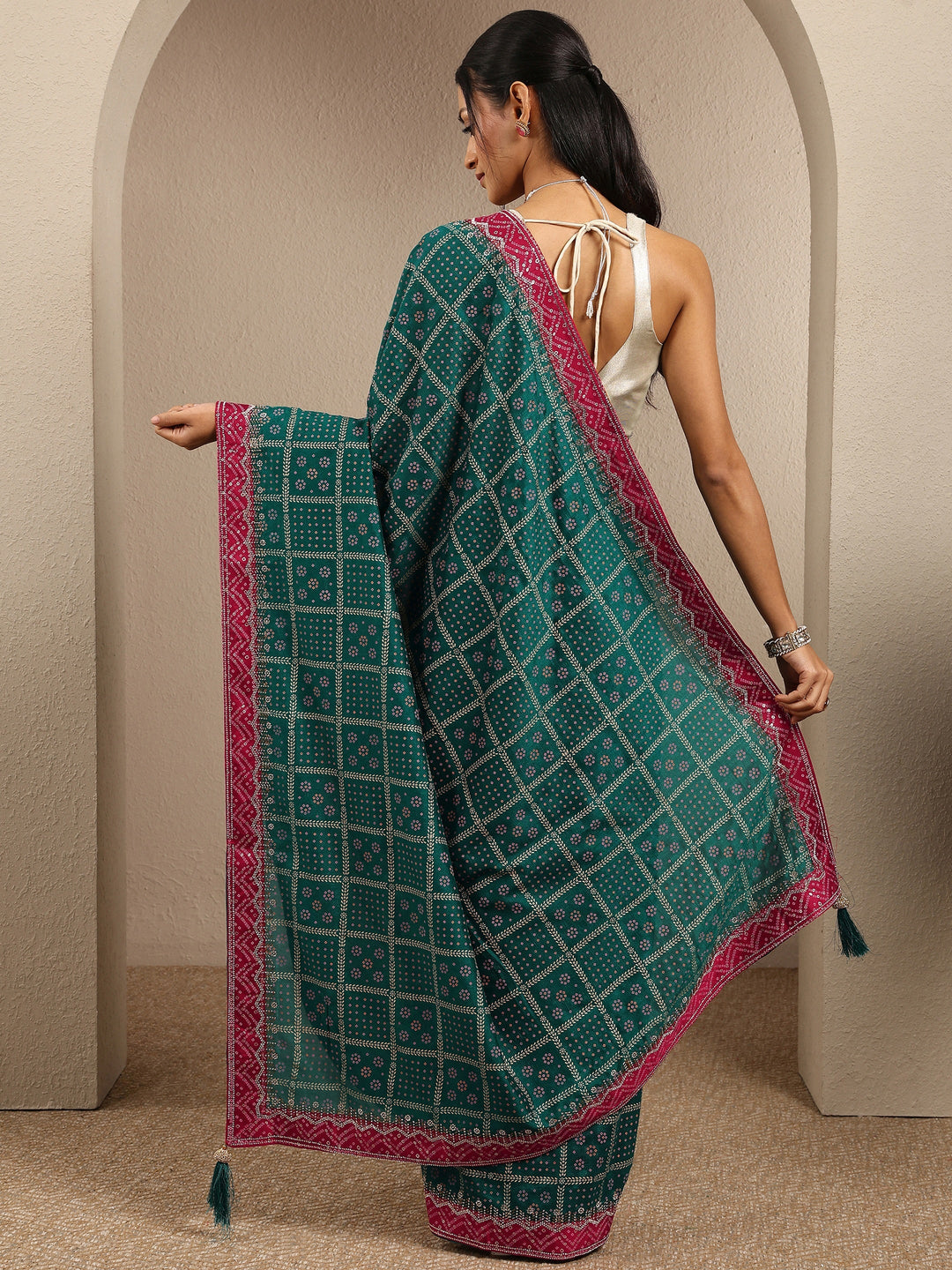 Blue Bandhani Printed Silk Blend Saree With Unstitched Blouse Piece