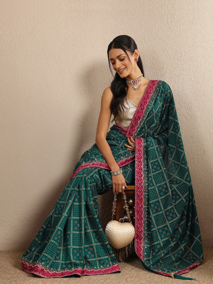 Blue Bandhani Printed Silk Blend Saree With Unstitched Blouse Piece