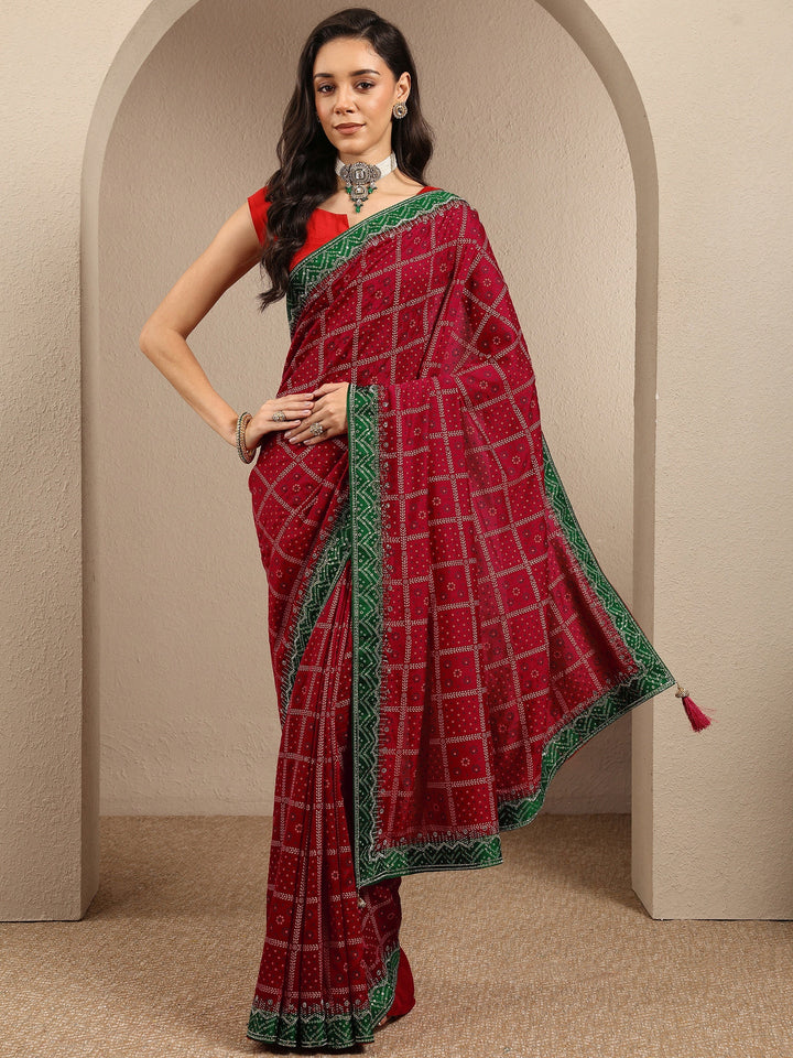 Red Bandhani Printed Silk Blend Saree With Unstitched Blouse Piece
