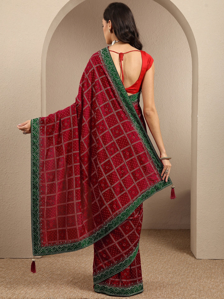 Red Bandhani Printed Silk Blend Saree With Unstitched Blouse Piece