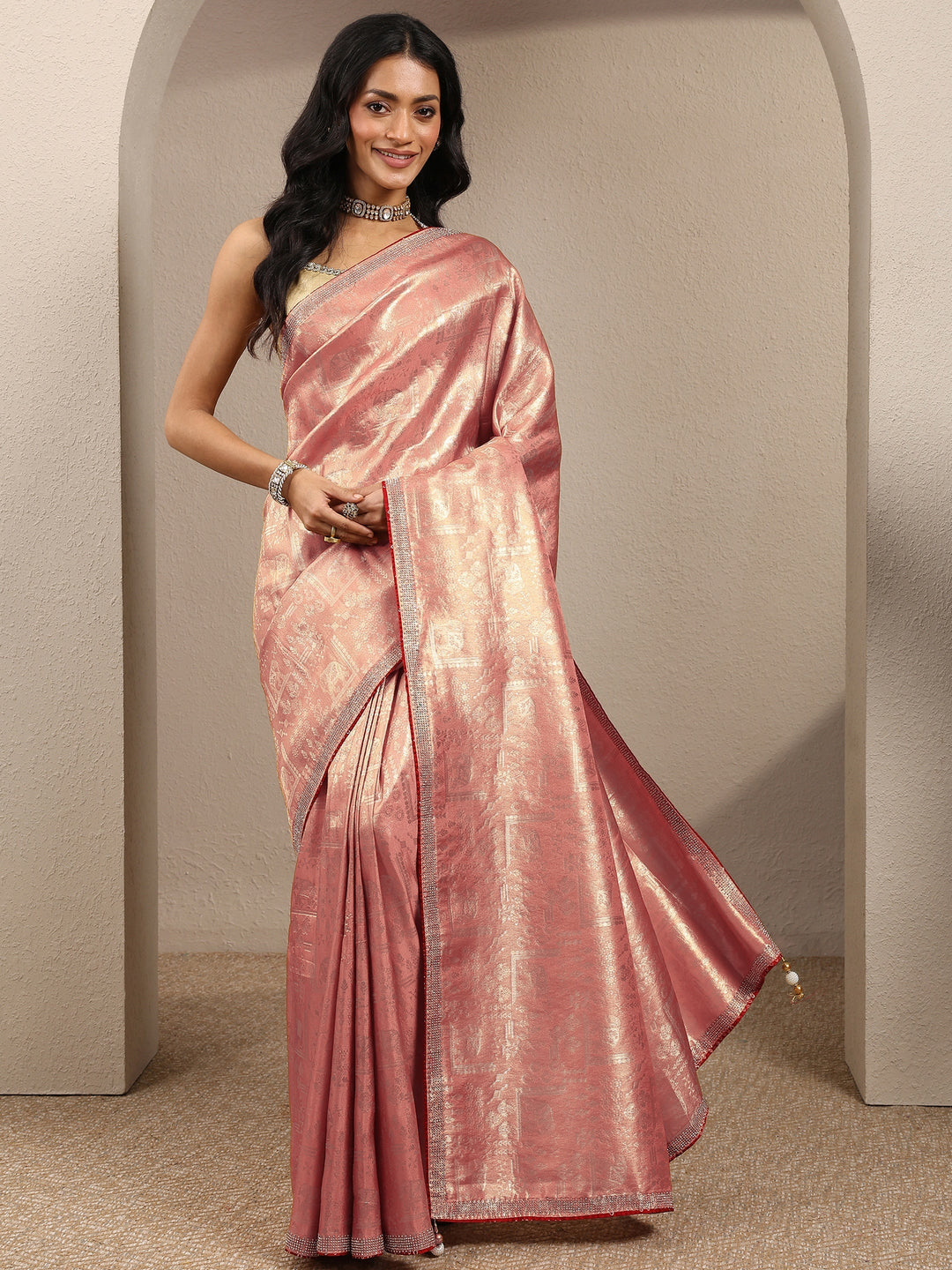 Peach Woven Design Silk Blend Saree With Unstitched Blouse Piece