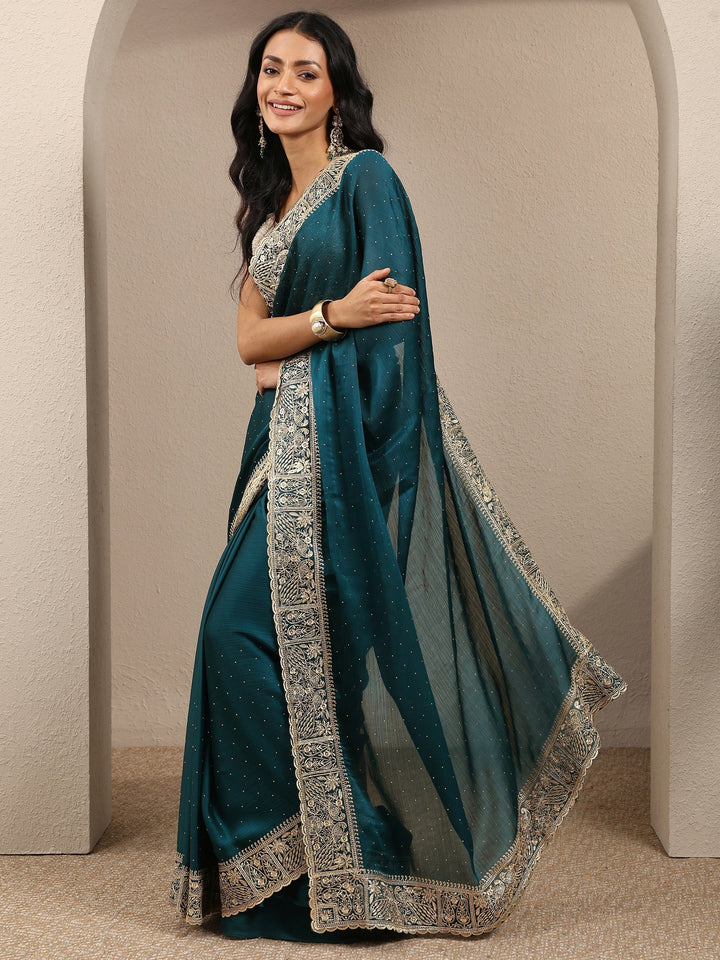 Blue Embellished Silk Blend Saree With Unstitched Blouse Piece