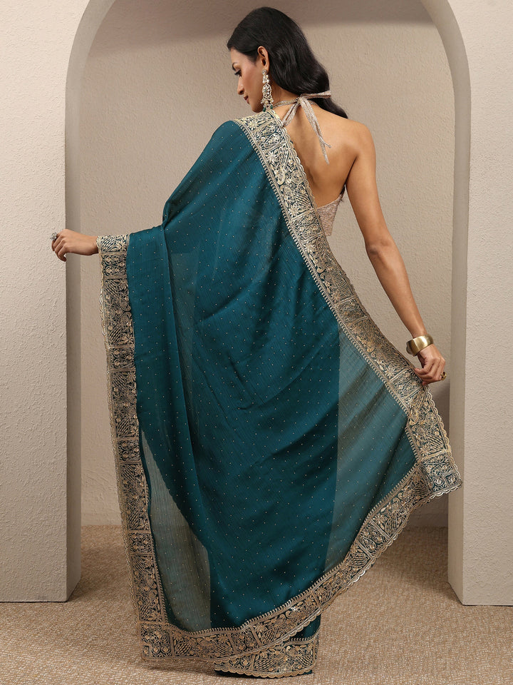 Blue Embellished Silk Blend Saree With Unstitched Blouse Piece