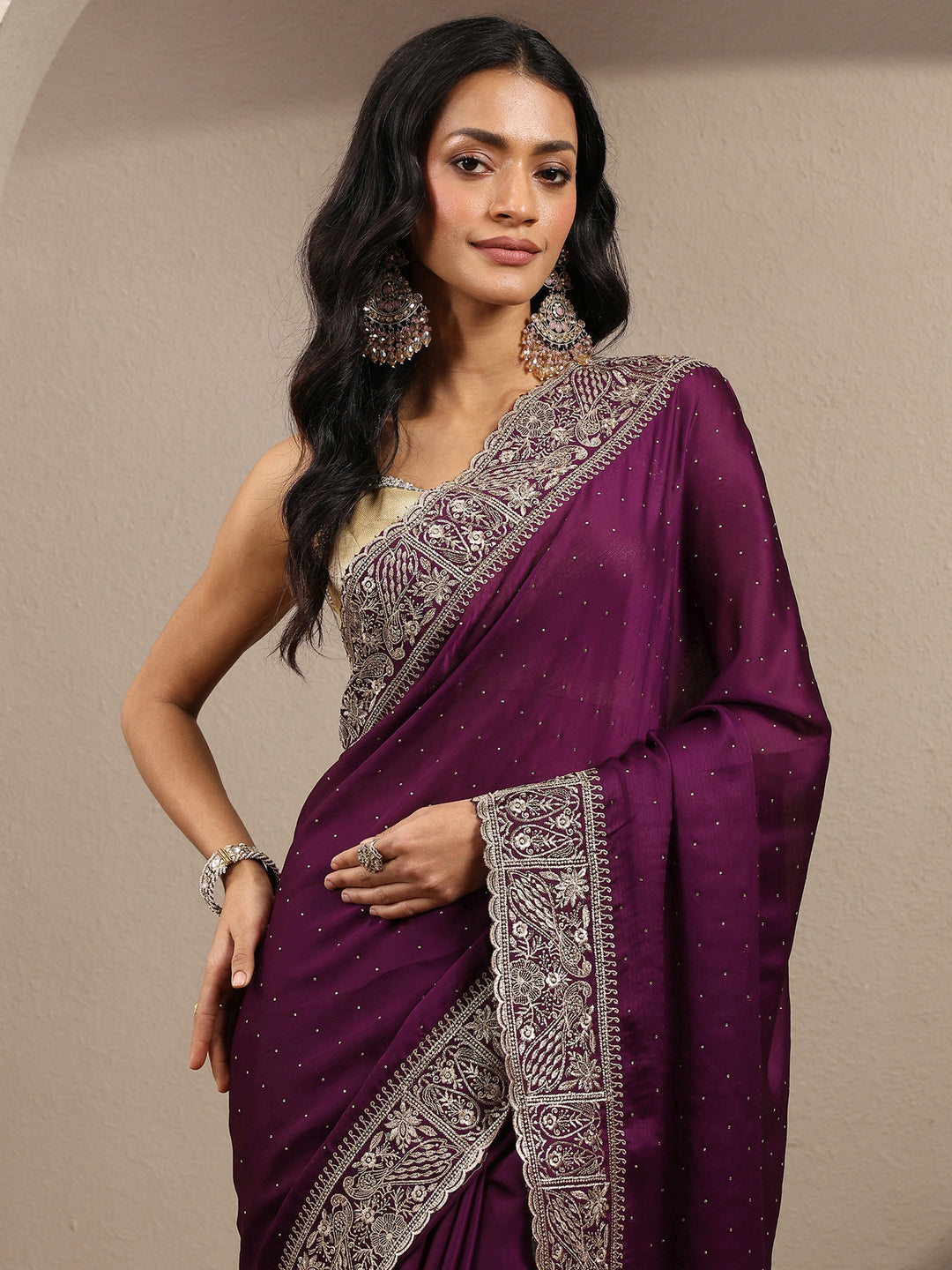 Burgundy Embellished Silk Blend Saree With Unstitched Blouse Piece
