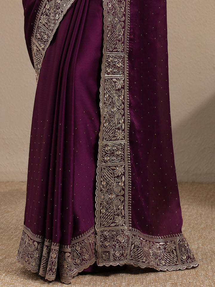 Burgundy Embellished Silk Blend Saree With Unstitched Blouse Piece