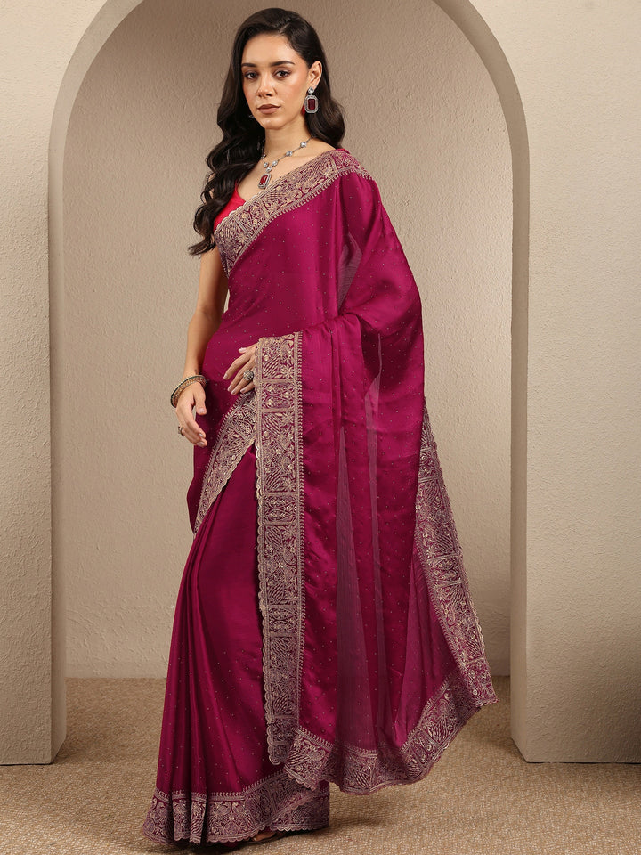 Pink Embellished Silk Blend Saree With Unstitched Blouse Piece
