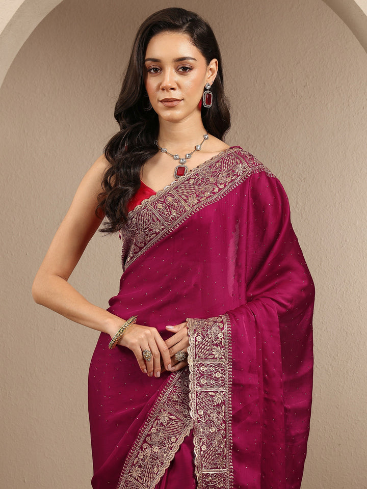 Pink Embellished Silk Blend Saree With Unstitched Blouse Piece