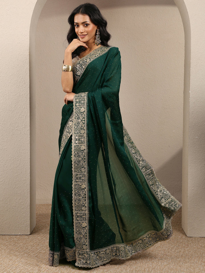 Green Embellished Silk Blend Saree With Unstitched Blouse Piece