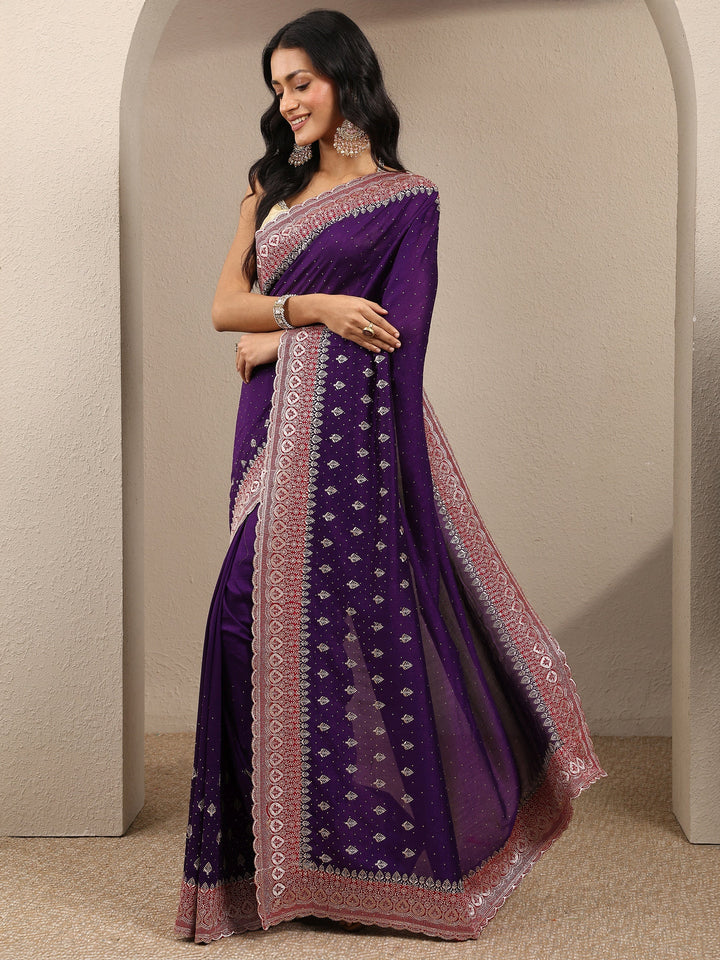 Purple Embellished Silk Blend Saree With Unstitched Blouse Piece