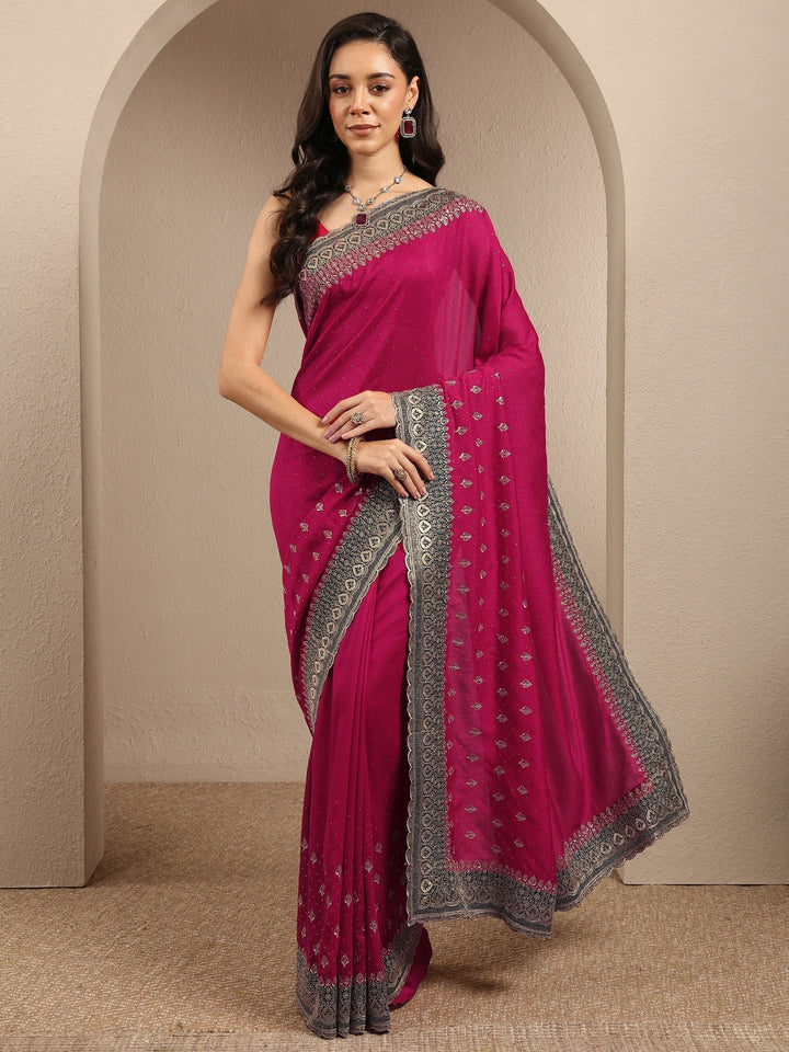 Pink Embellished Silk Blend Saree With Unstitched Blouse Piece