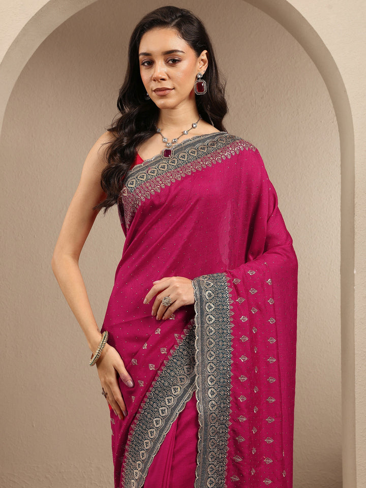 Pink Embellished Silk Blend Saree With Unstitched Blouse Piece