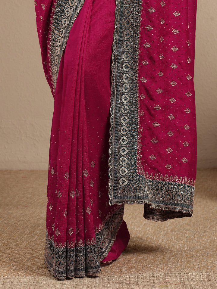 Pink Embellished Silk Blend Saree With Unstitched Blouse Piece