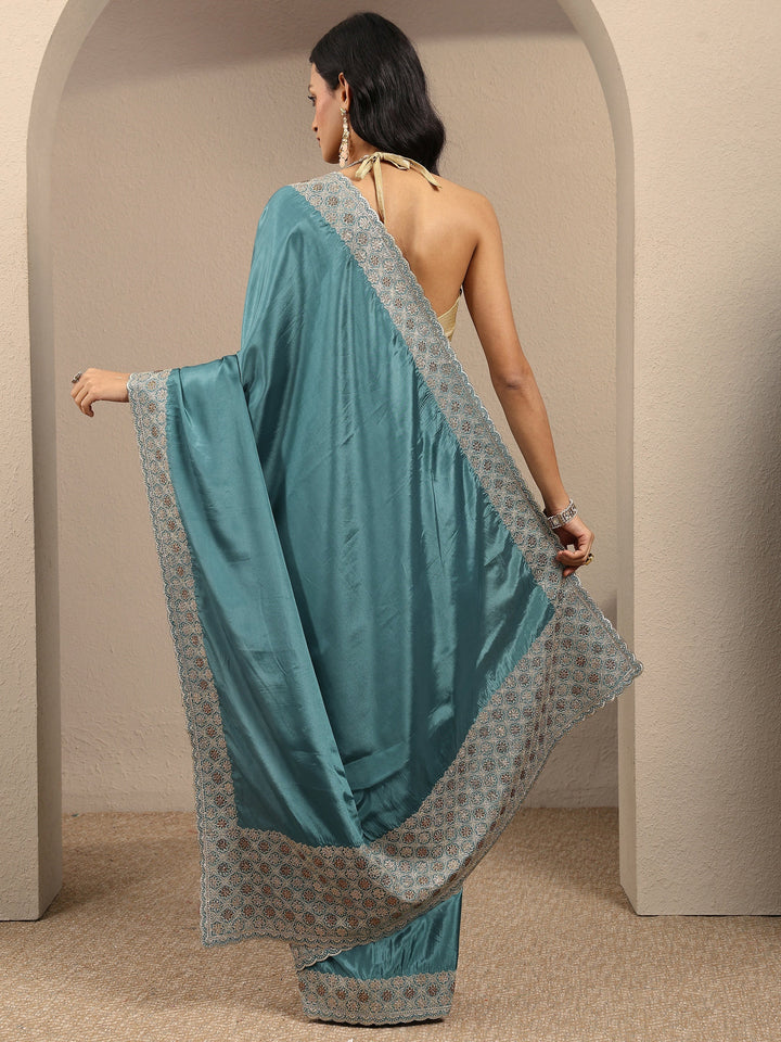 Blue Solid Silk Blend Saree With Unstitched Blouse Piece